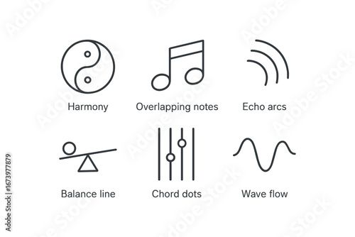 simple outline stroke icon isolated on white background: harmony overlapping notes echo arcs balance line chord dots wave flow