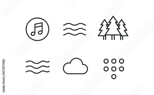 simple outline stroke icon isolated on white background: ambient soundscape ripple lines forest trees water flow sky cloud tone dots