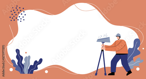 Professional illustration of a man operating a surveying instrument on a tripod, perfect for engineering, construction, or land development concepts with ample copy space.