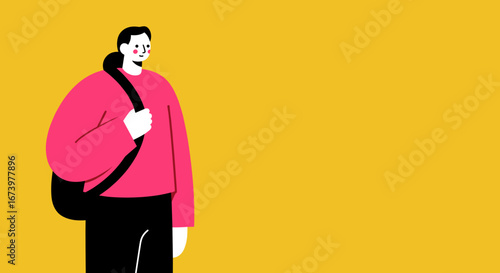 Modern, minimalist illustration of a confident person with a shoulder bag, standing against a vibrant yellow background. Ideal for themes of education, urban travel, or a casual lifestyle.