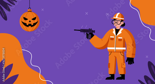 Illustration: Worker in safety gear holds a smoking gun, near a spooky jack-o'-lantern on a vibrant purple backdrop. Perfect for holiday or safety themes.