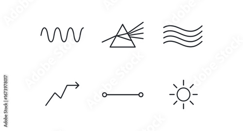 simple outline stroke icon isolated on white background: light wavelength prism beam color bands arrow path line span glow edge