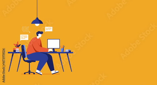 Modern illustration of a person focused on their computer at a home office desk, suitable for concepts of remote work, online education, or digital business.