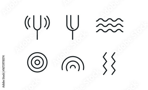 simple outline stroke icon isolated on white background: resonance tuning fork wave lines echo rings sound arc vibration mark