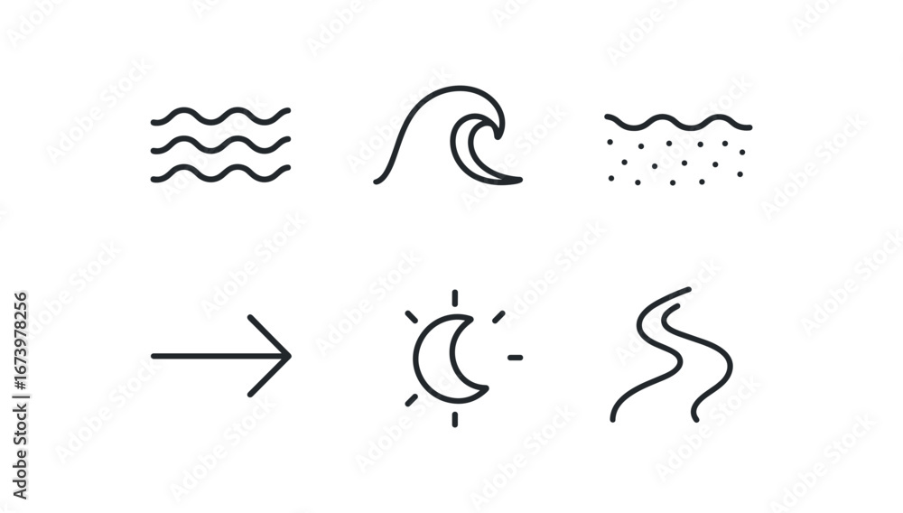 Obraz premium simple outline stroke icon isolated on white background: ocean tide crest wave sand edge pull arrow moon glow flow path