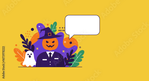 Whimsical Halloween illustration featuring a pumpkin-headed character in a witch hat, a friendly ghost, and a speech bubble. Ideal for seasonal promotions, party invites, or spooky messages.