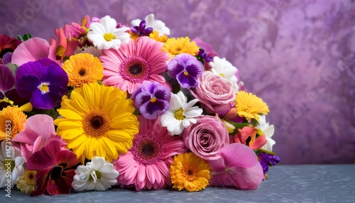 Wallpaper Mural colorful arrangement of spring flowers including pansies daisies and gerbera in vibrant shades of purple pink and yellow Torontodigital.ca