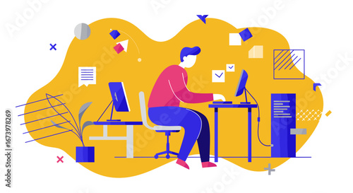 A person works diligently at a computer in a modern office setting, illustrating productivity, digital solutions, and professional workflow for business or remote work concepts.