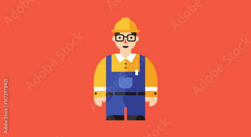 Simple illustration of a smiling professional male in a hard hat and overalls, perfect for concepts related to construction, engineering, and workforce.