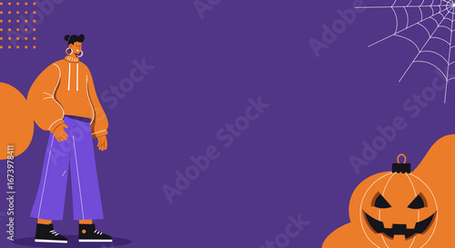 Stylish person in a vibrant purple and orange Halloween-themed illustration with a jack-o'-lantern and spiderweb, perfect for seasonal promotions or holiday events.
