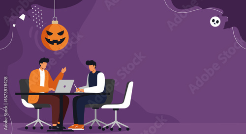 Two colleagues collaborate on a project in a festive Halloween-themed office. Ideal for business, seasonal events, or team productivity during the autumn holidays.