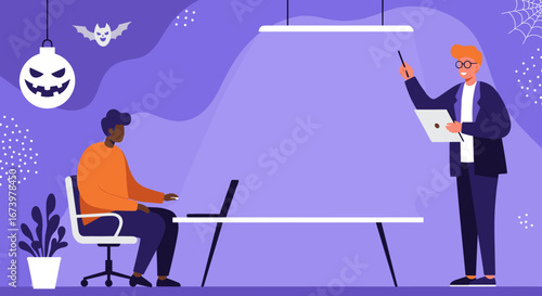Two professionals collaborate in a modern office, one presenting while the other works, with subtle Halloween decor adding a festive touch to the workspace.