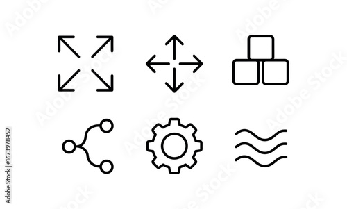 simple outline stroke icon isolated on white background: wide expansion spreading arrows building blocks path lines gear cog wave marks