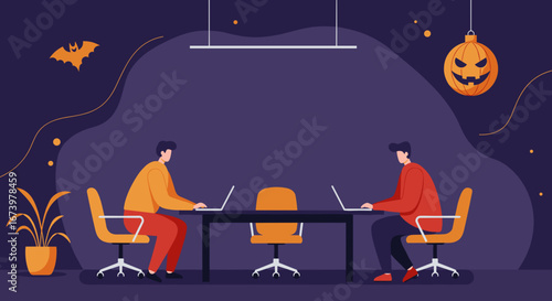 People working on laptops in a modern office decorated for Halloween. Illustrates business, productivity, and a festive work environment during the holiday season.