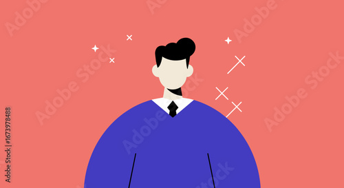 Modern illustration of a confident professional man in a tie and blue sweater against a vibrant background with abstract elements. Ideal for business, success, or leadership concepts.