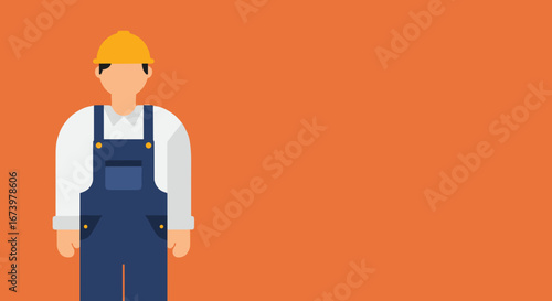 Flat design illustration of a construction worker in a hard hat and overalls, with ample copy space. Represents labor, building, and service industries.
