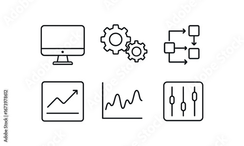 simple outline stroke icon isolated on white background: system gear wheels arrow flow chart box data lines control panel