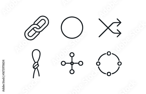 simple outline stroke icon isolated on white background: chain ring arrow join rope loop node dots circle path