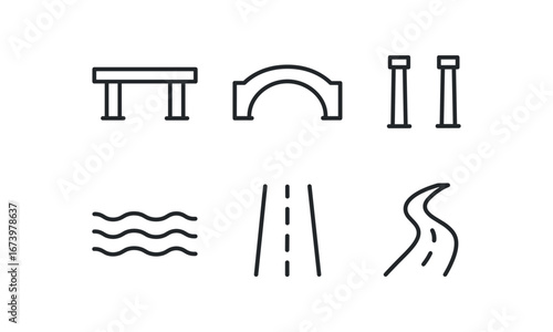 simple outline stroke icon isolated on white background: bridge arch span support piers deck line river flow road path