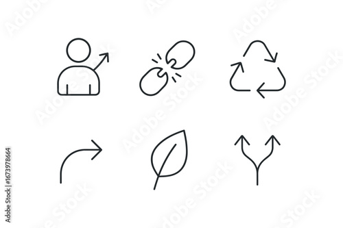 simple outline stroke icon isolated on white background: life change broken chain recycle mark curved arrow fresh leaf shift path