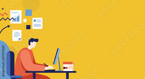 Illustrated person working on a computer and analyzing data, surrounded by charts. Represents business strategy, education, and productivity concepts.