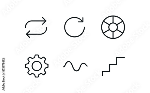 simple outline stroke icon isolated on white background: change rotation arrows color wheel turning gear wave line step chart