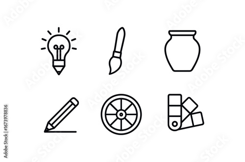 simple outline stroke icon isolated on white background: creation paint brush clay pot pencil line wheel form color swatch