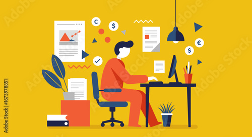 Focused person working on a computer, surrounded by financial data and business documents. Highlights productivity, market analysis, and a modern work environment.