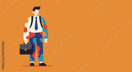 Professional businessman carrying a briefcase, with colorful patterns visible through his formal attire, symbolizing individuality and hidden creativity in the corporate world.