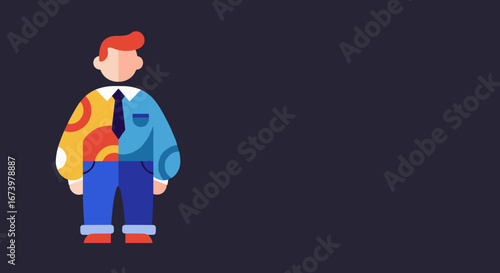 Illustration of a person showing work-life balance or contrasting aspects of personality, blending formal and casual styles. Ideal for business, personal growth, or lifestyle concepts.