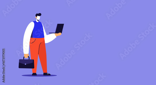 Professional man in flat style illustration holding a laptop and briefcase on a purple background, representing business, technology, and modern work.