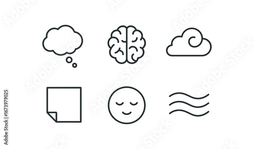 simple outline stroke icon isolated on white background: thought brain icon swirl cloud paper note calm face flow lines