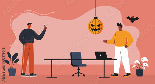 Two colleagues in a modern office, decorated for Halloween, engage in a business discussion or festive planning. Ideal for office life, holiday events, or team collaboration concepts.