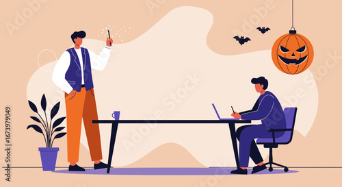 Two men collaborating in a modern, Halloween-themed office. One presents creative ideas with a stylus, while the other works on a laptop, representing teamwork and innovation.