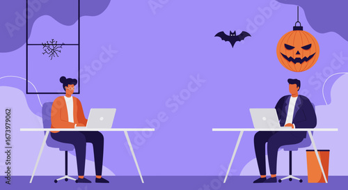 Employees work on laptops in a festive office setting, decorated for Halloween with a jack-o'-lantern and bat, illustrating a modern work environment during holidays.