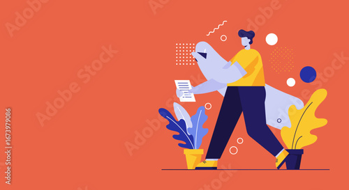 Modern vector illustration of a person walking, actively reviewing documents and a large device. Represents productivity, business analysis, and efficient work in a contemporary digital environment.