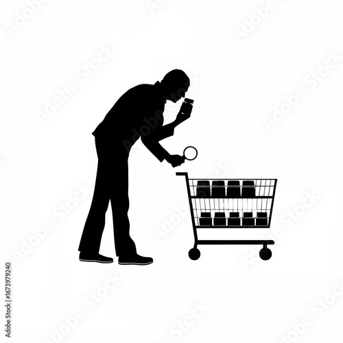 Food safety inspector checking expiry dates on canned goods silhouette isolated on white background