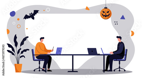 Two men work diligently on laptops in a modern office setting, subtly decorated for Halloween. Ideal for seasonal business, remote work, or collaborative productivity themes.