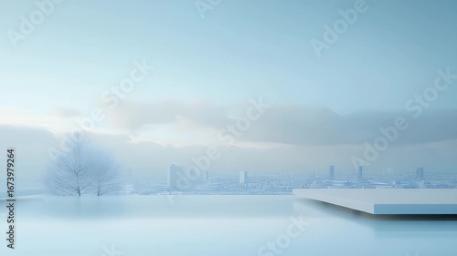 Minimalist White Platform Overlooking a Distant Cityscape Under a Soft Blue Sky with Clouds and a Lonely Tree Rendering in a Clean Modern Style