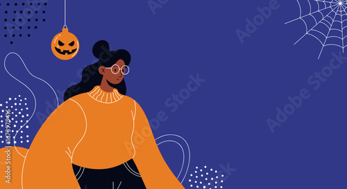 Festive graphic illustration featuring a woman, Halloween pumpkin, and spiderweb on a blue background, ideal for seasonal greetings or promotions.