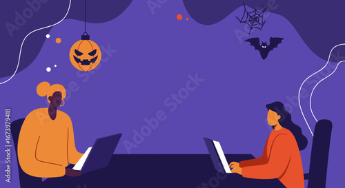 Two women work on laptops in a festive Halloween-themed setting. Ideal for remote work, online collaboration, or holiday business concepts.