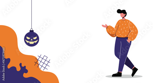 Modern illustration of a stylish man walking and gesturing, complemented by abstract Halloween-themed shapes and a dangling pumpkin ornament, ideal for seasonal events.