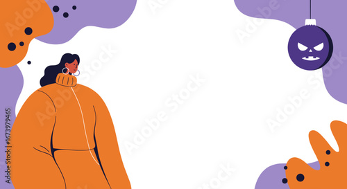 Stylish woman in an orange sweater with abstract shapes and a grumpy holiday ornament, perfect for winter fashion, promotions, or quirky season's greetings.