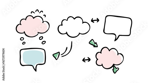 Pink and blue comic speech bubbles with green accents