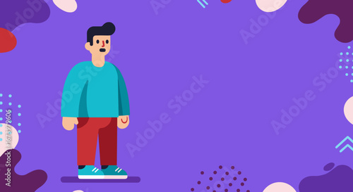 A stylized male character stands on a vibrant purple background with abstract design elements. Ideal for presenting concepts, information, or making announcements in a modern, engaging way.