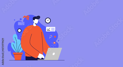 Man works productively on a laptop in a digital environment, surrounded by business and technology icons. Represents remote work, online education, or data analysis.
