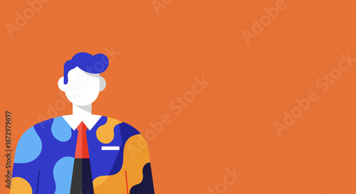 Stylized businessman illustration featuring a vibrant, abstract shirt and red tie on an orange background, representing modern professional identity and creativity.
