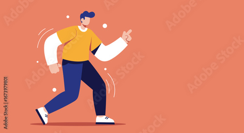 Dynamic illustration of a man walking forward and pointing, symbolizing direction, progress, and active engagement. Ideal for business or lifestyle concepts.