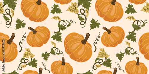 Seamless vector pattern of orange pumpkins with green leaves on light background. Perfect for autumn decor, Halloween wrapping paper, textiles, wallpaper, and seasonal packaging.