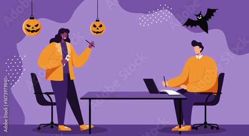 Colleagues collaborate in a festive Halloween-decorated office. Perfect for business, teamwork, or celebrating holidays in a professional setting.